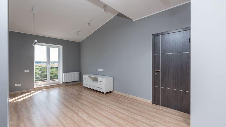 Empty room with a closed door and wooden floor